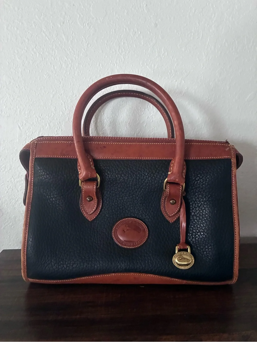 Vintage Dooney & Bourke Black and Brown Leather-Trim Satchel